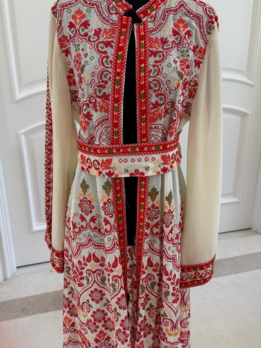 Cream and Red Embroidered Maxi Dress - Traditional Palestinian Thobe